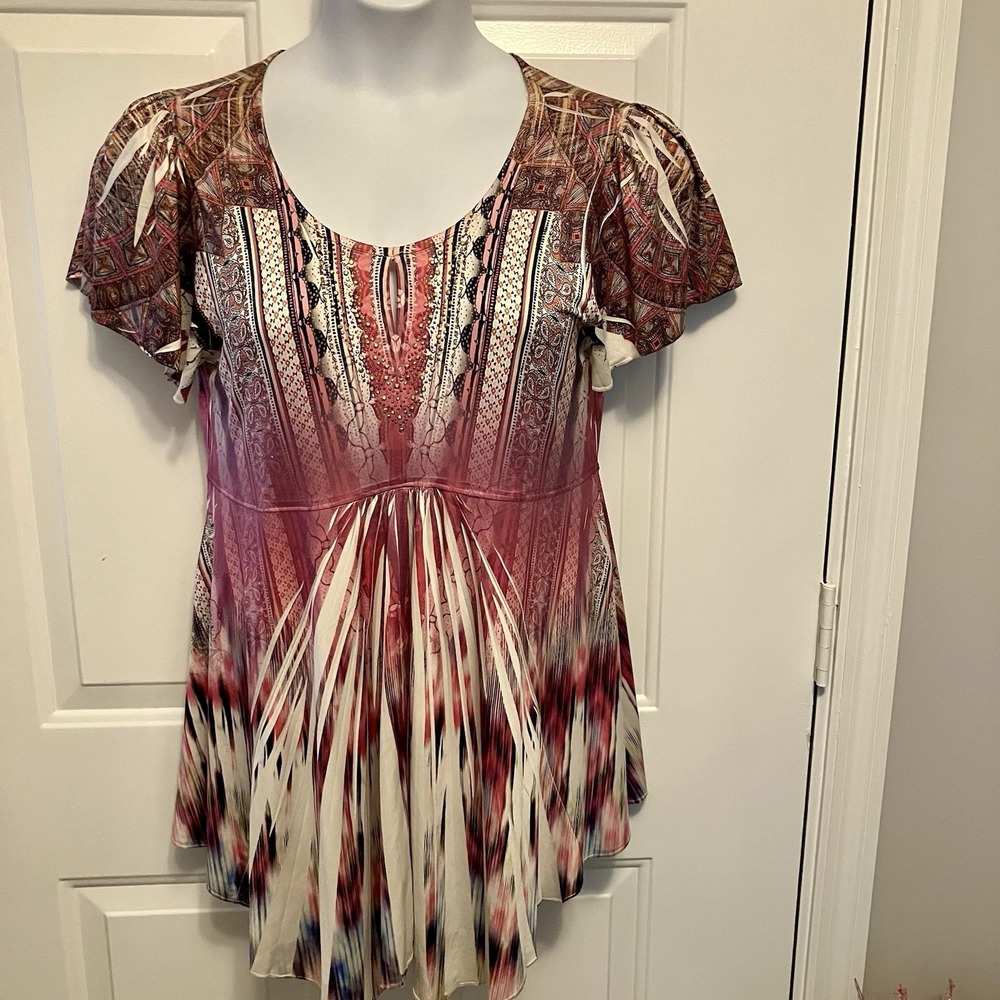 One World Sz Large Pink & Ivory Paisley Print Top Metallic Beaded Accents Boho